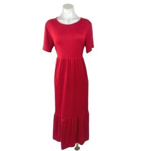 Prinbara Red Crewneck Short Sleeve Tiered Stretch Midi Casual Pull On Dress Sz L